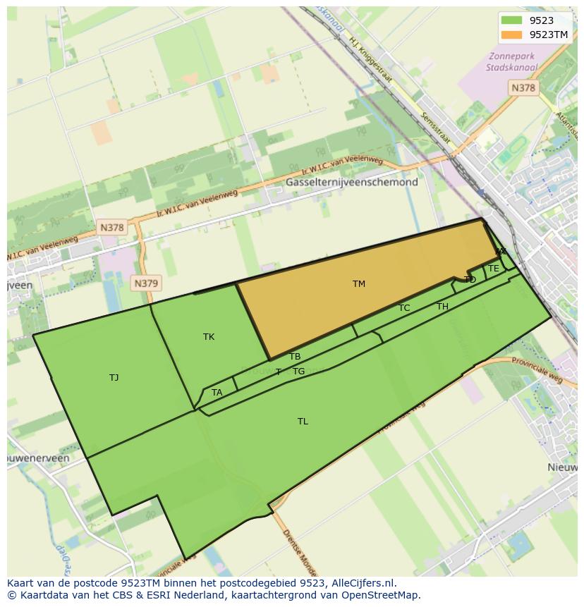 Afbeelding van het postcodegebied 9523 TM op de kaart.