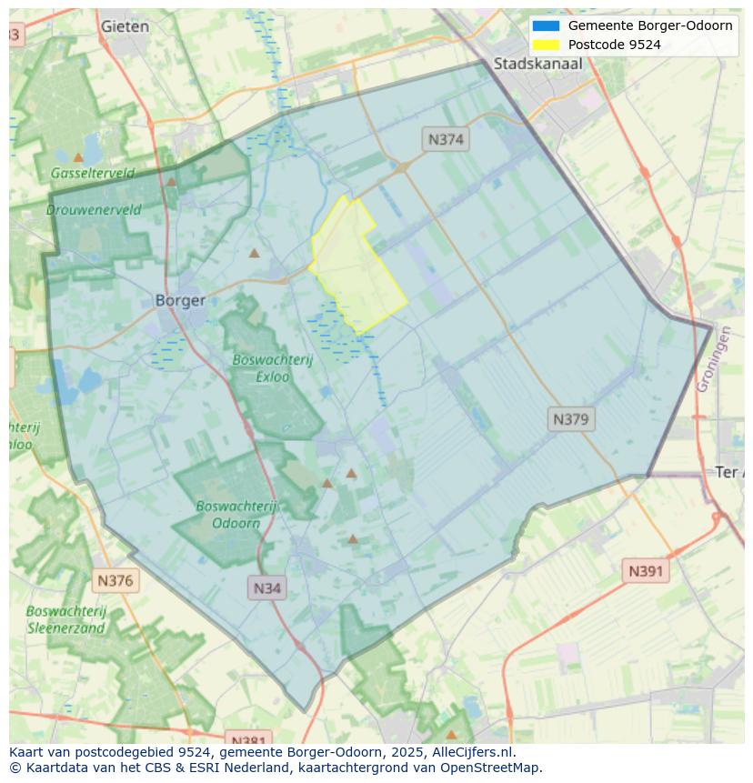 Afbeelding van het postcodegebied 9524 op de kaart.