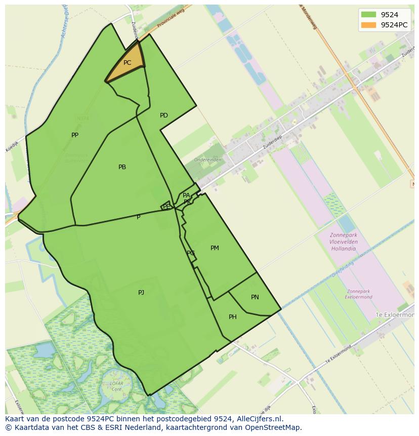 Afbeelding van het postcodegebied 9524 PC op de kaart.
