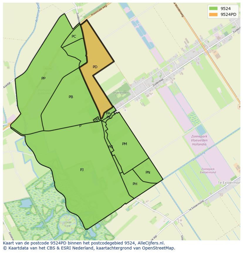 Afbeelding van het postcodegebied 9524 PD op de kaart.