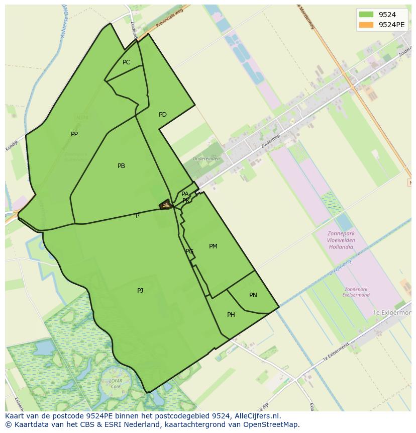Afbeelding van het postcodegebied 9524 PE op de kaart.
