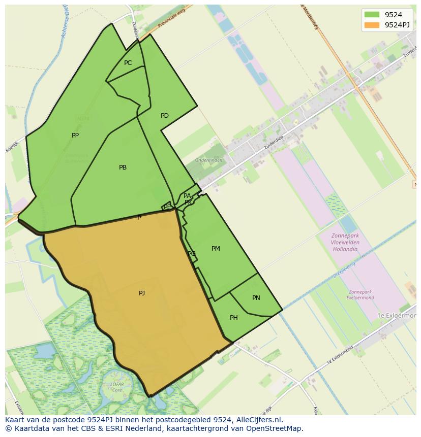 Afbeelding van het postcodegebied 9524 PJ op de kaart.