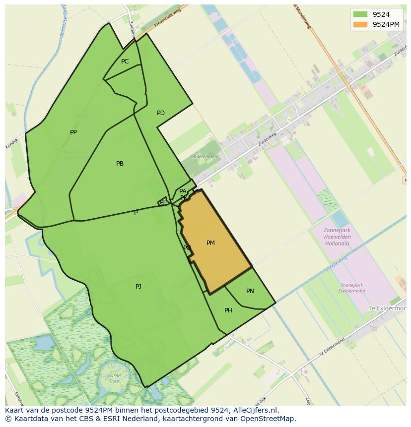 Afbeelding van het postcodegebied 9524 PM op de kaart.