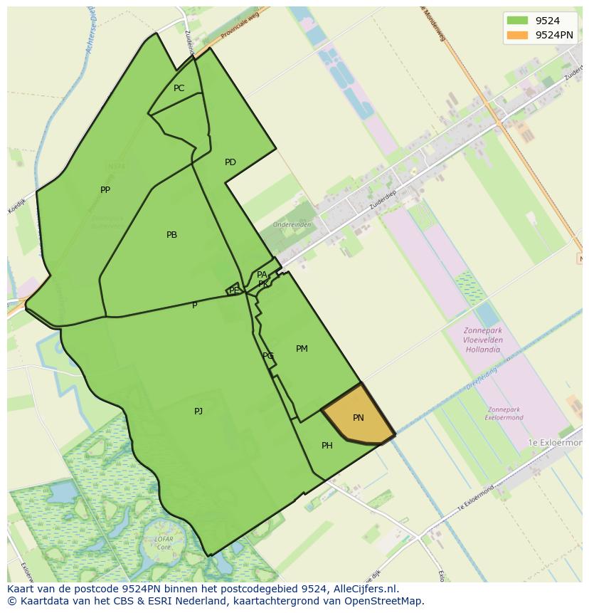 Afbeelding van het postcodegebied 9524 PN op de kaart.