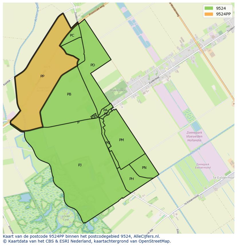 Afbeelding van het postcodegebied 9524 PP op de kaart.