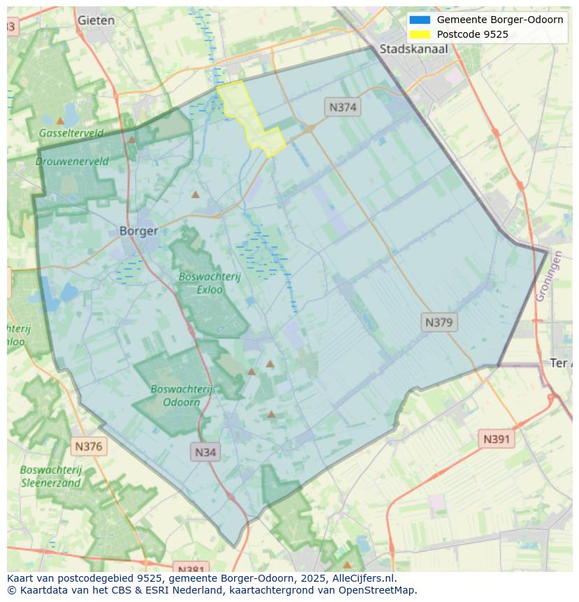 Afbeelding van het postcodegebied 9525 op de kaart.