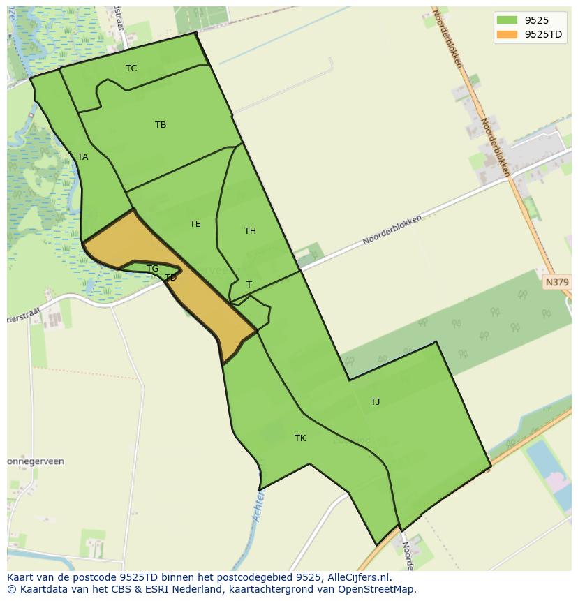 Afbeelding van het postcodegebied 9525 TD op de kaart.