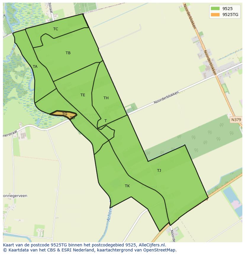 Afbeelding van het postcodegebied 9525 TG op de kaart.