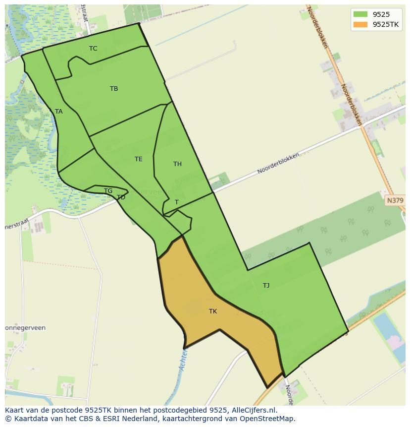 Afbeelding van het postcodegebied 9525 TK op de kaart.
