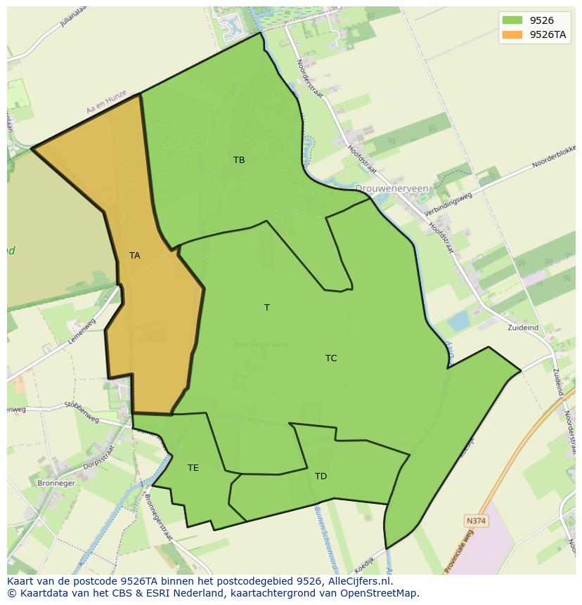 Afbeelding van het postcodegebied 9526 TA op de kaart.