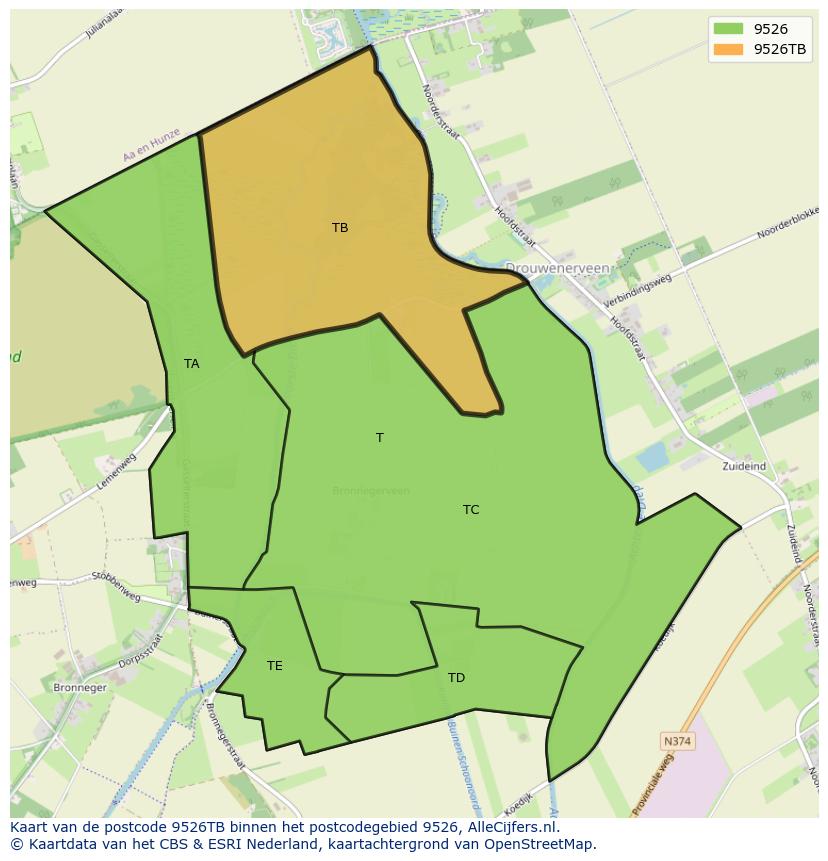 Afbeelding van het postcodegebied 9526 TB op de kaart.