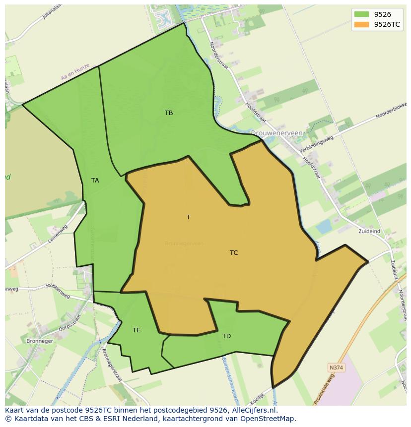 Afbeelding van het postcodegebied 9526 TC op de kaart.