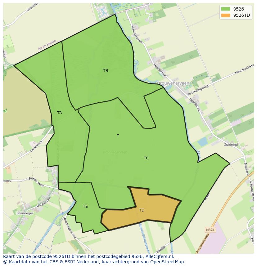 Afbeelding van het postcodegebied 9526 TD op de kaart.