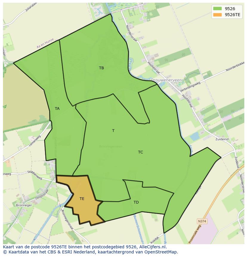 Afbeelding van het postcodegebied 9526 TE op de kaart.