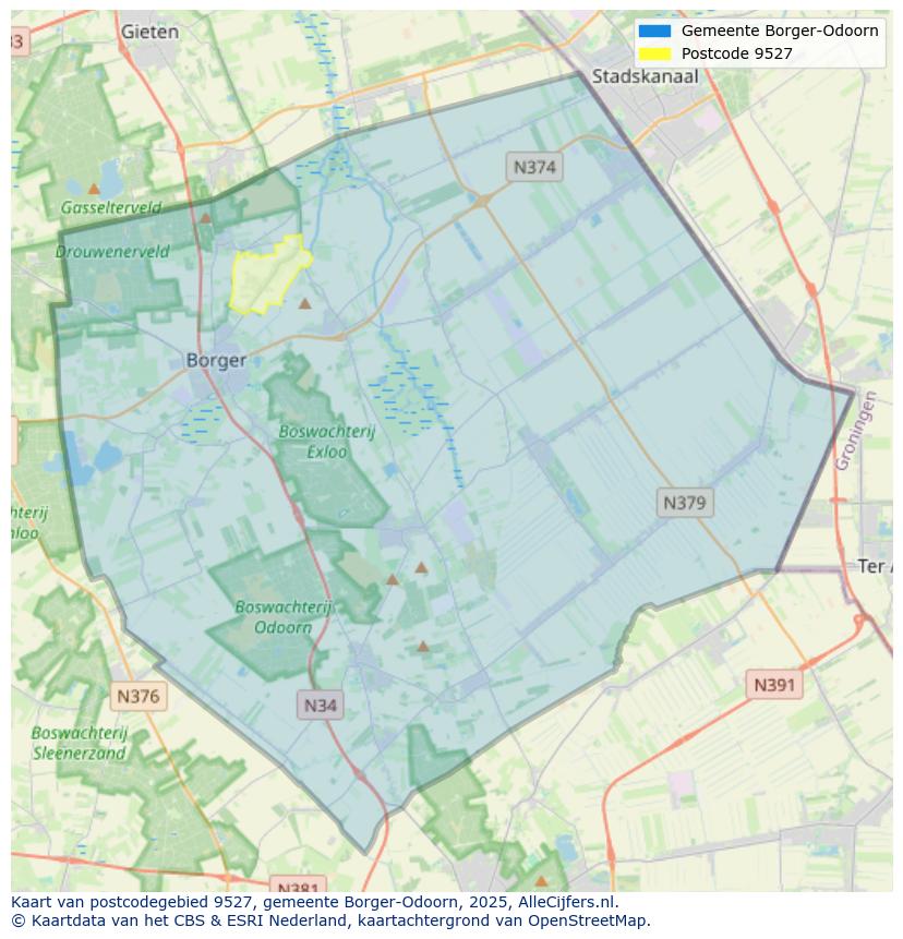 Afbeelding van het postcodegebied 9527 op de kaart.