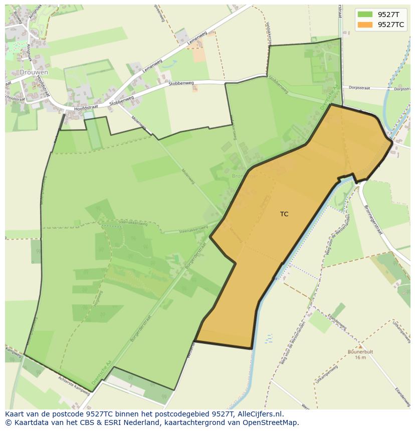 Afbeelding van het postcodegebied 9527 TC op de kaart.