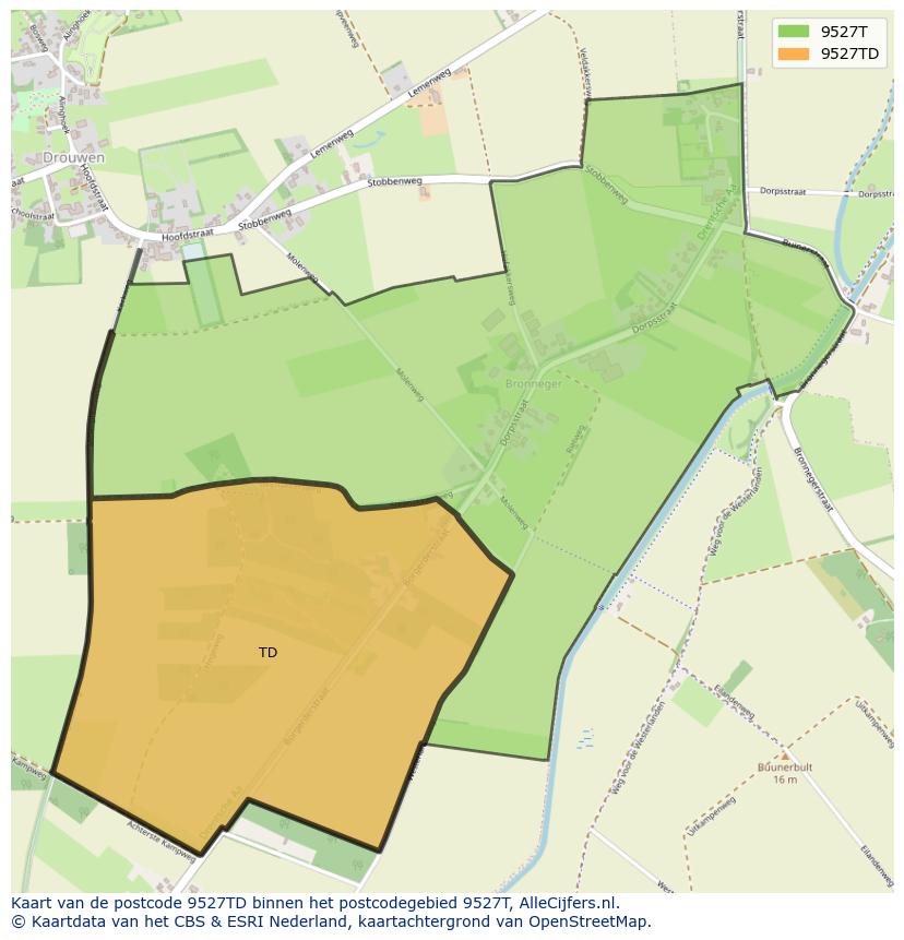 Afbeelding van het postcodegebied 9527 TD op de kaart.