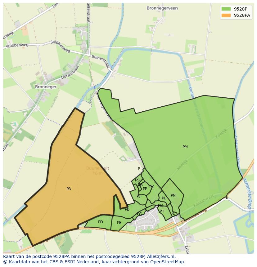 Afbeelding van het postcodegebied 9528 PA op de kaart.