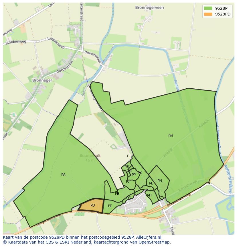 Afbeelding van het postcodegebied 9528 PD op de kaart.