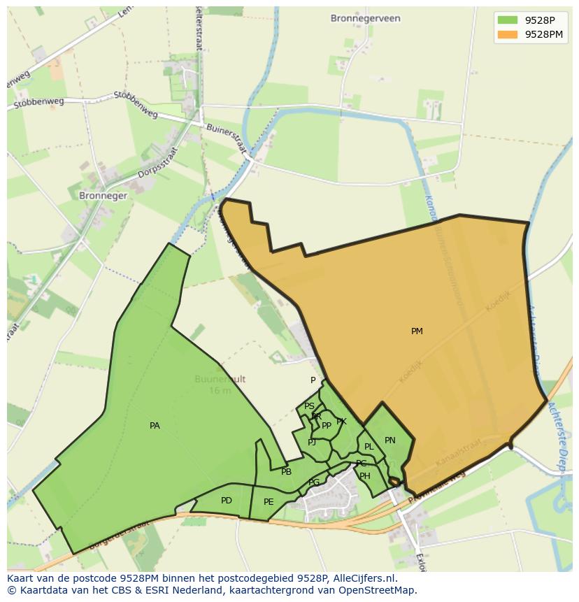 Afbeelding van het postcodegebied 9528 PM op de kaart.