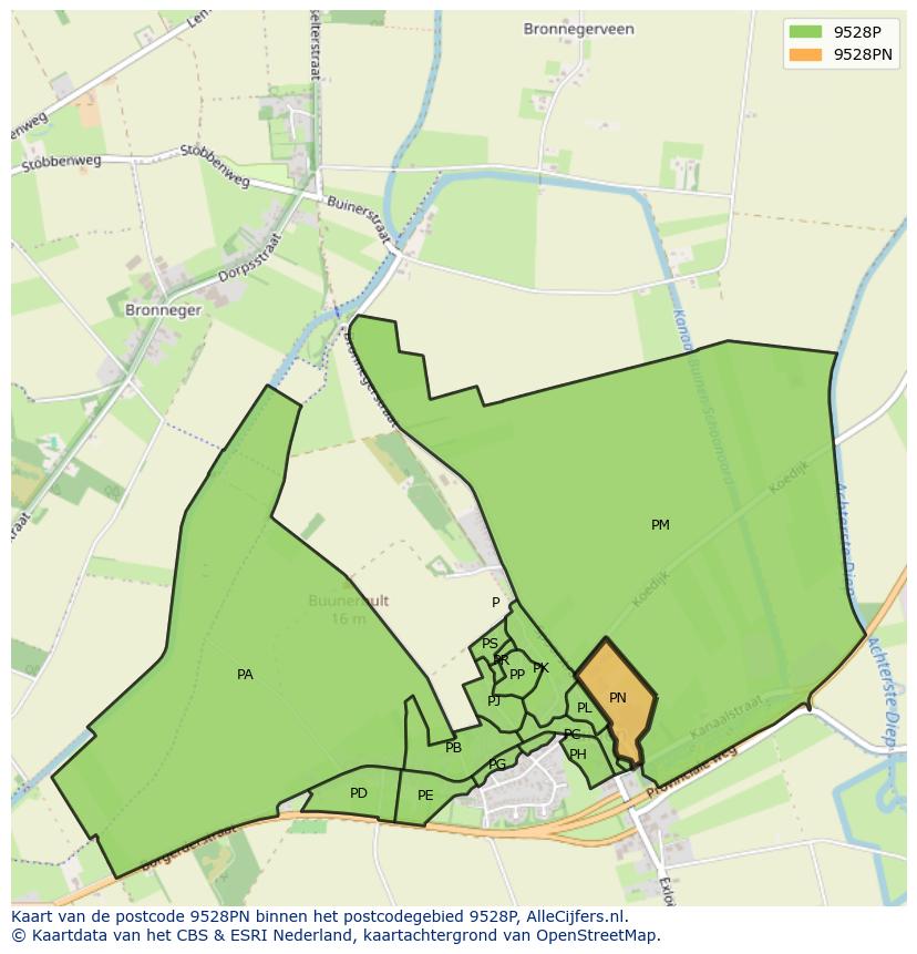 Afbeelding van het postcodegebied 9528 PN op de kaart.
