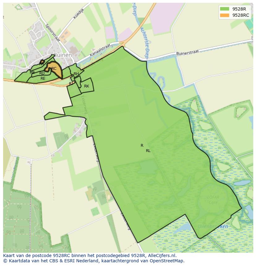 Afbeelding van het postcodegebied 9528 RC op de kaart.