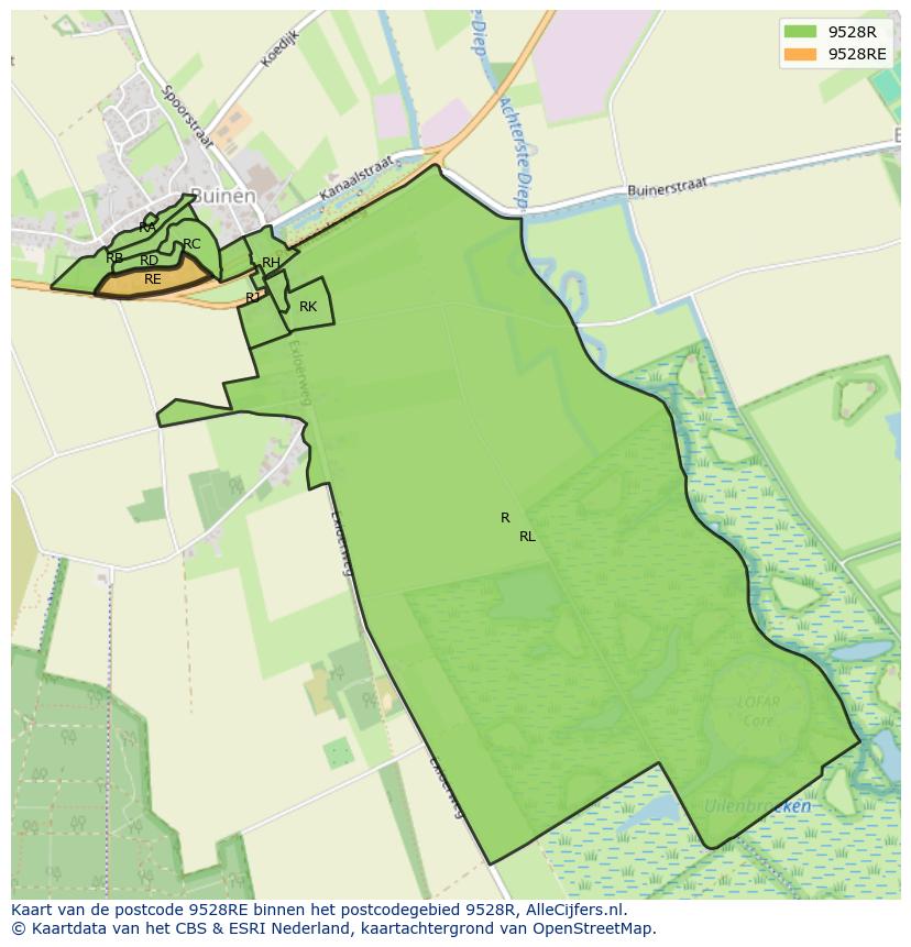 Afbeelding van het postcodegebied 9528 RE op de kaart.