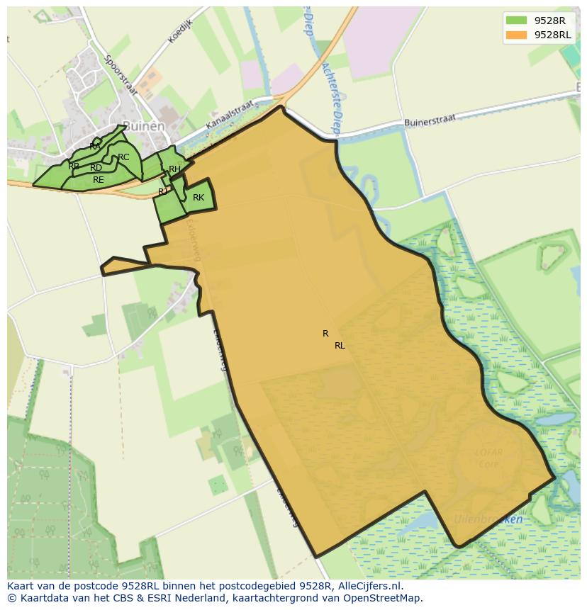 Afbeelding van het postcodegebied 9528 RL op de kaart.