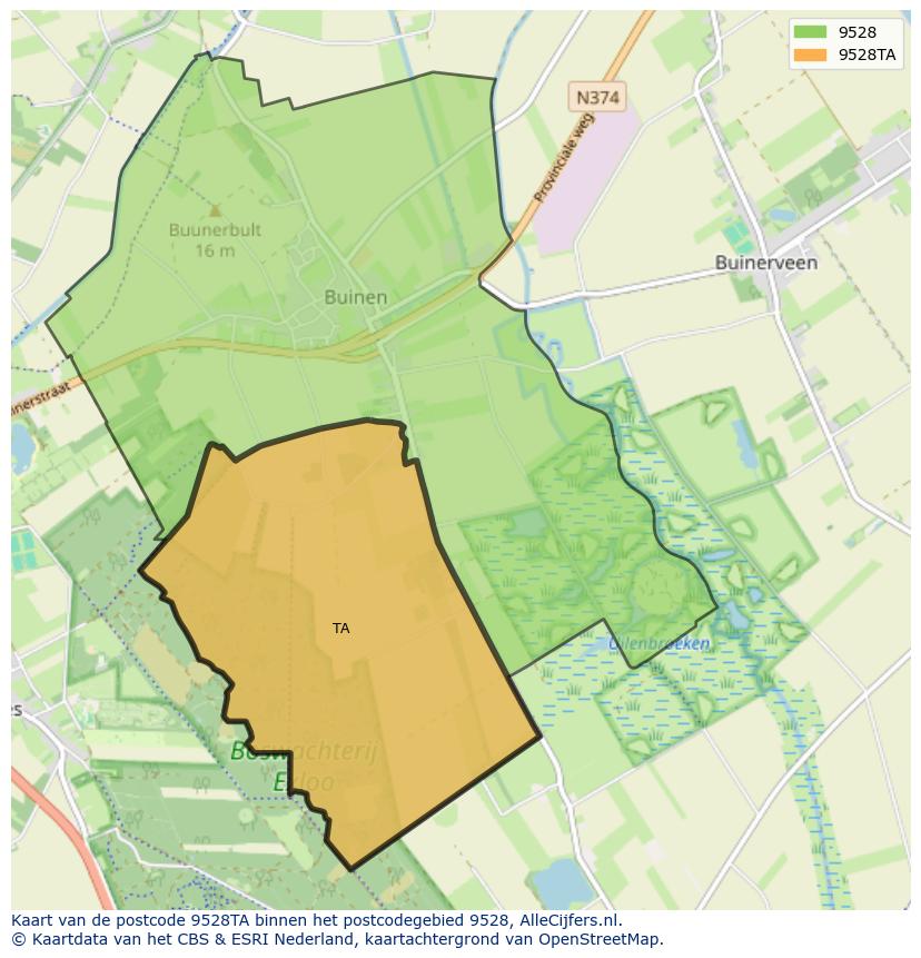 Afbeelding van het postcodegebied 9528 TA op de kaart.