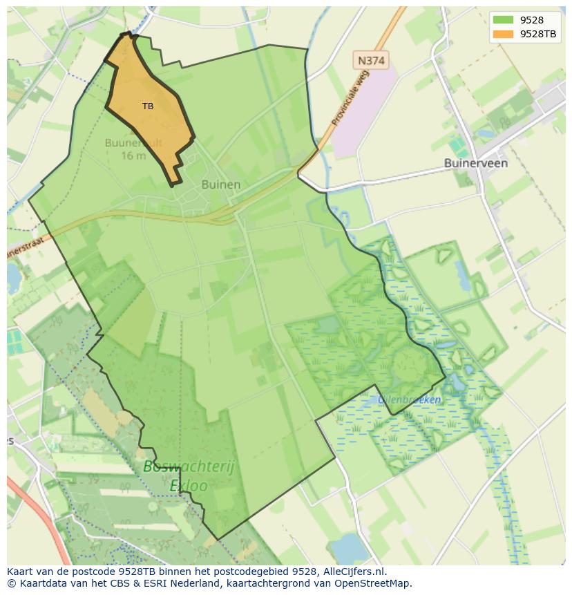 Afbeelding van het postcodegebied 9528 TB op de kaart.
