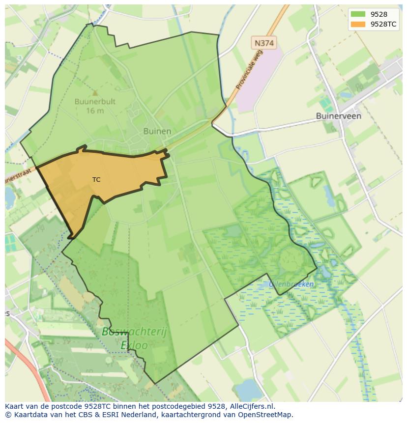 Afbeelding van het postcodegebied 9528 TC op de kaart.