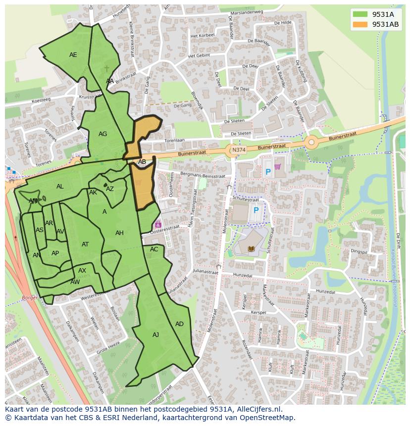Afbeelding van het postcodegebied 9531 AB op de kaart.