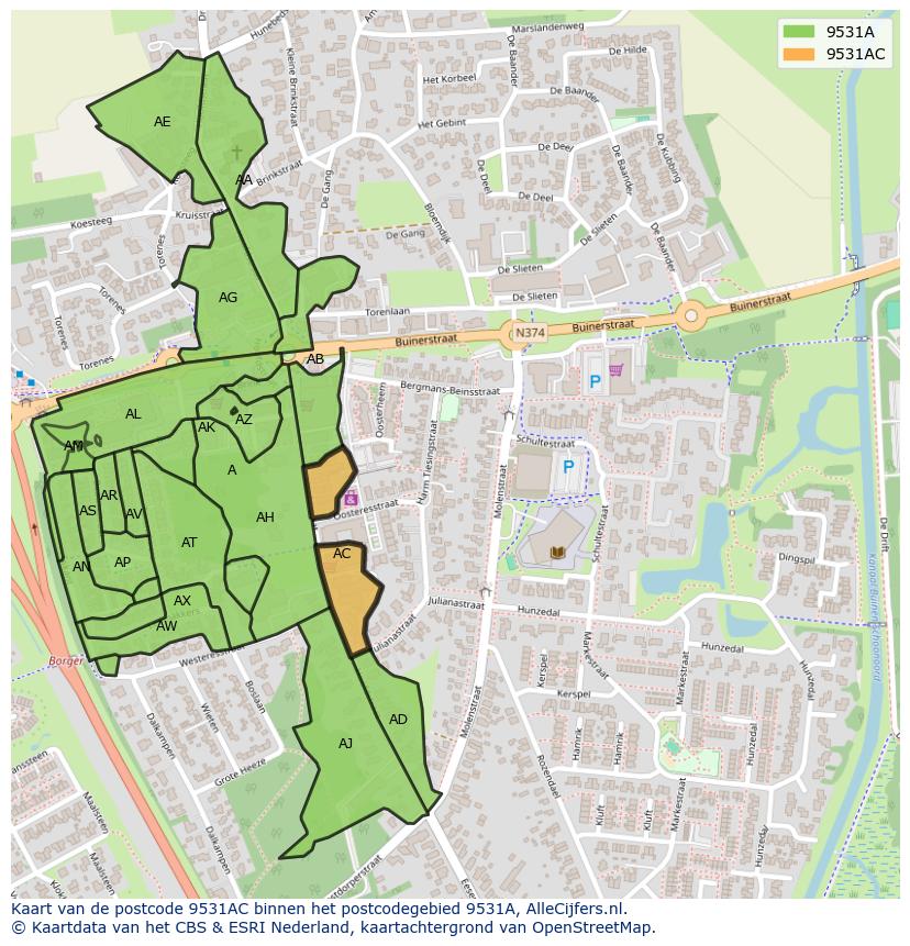 Afbeelding van het postcodegebied 9531 AC op de kaart.