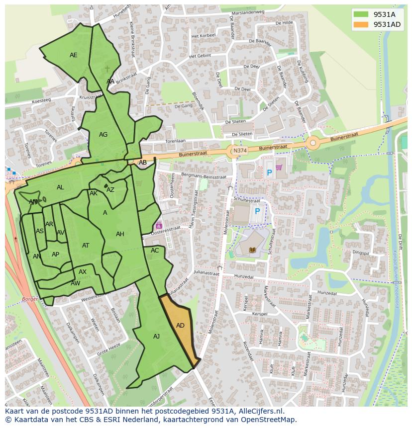 Afbeelding van het postcodegebied 9531 AD op de kaart.