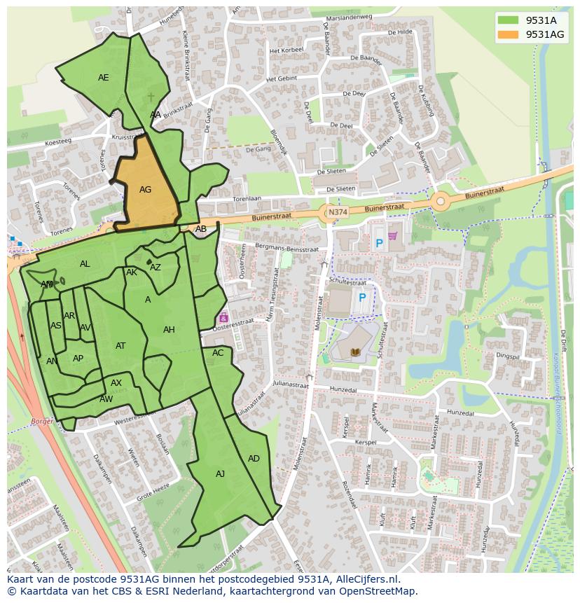 Afbeelding van het postcodegebied 9531 AG op de kaart.