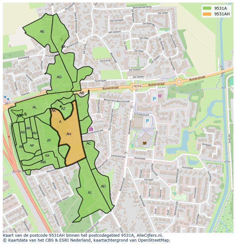 Afbeelding van het postcodegebied 9531 AH op de kaart.