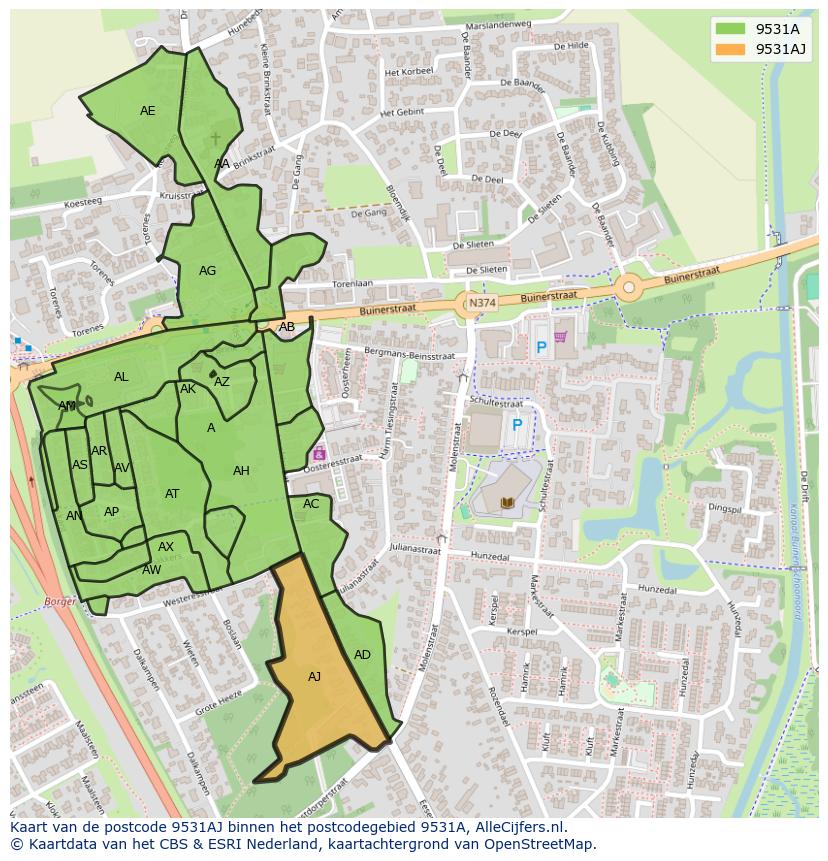 Afbeelding van het postcodegebied 9531 AJ op de kaart.
