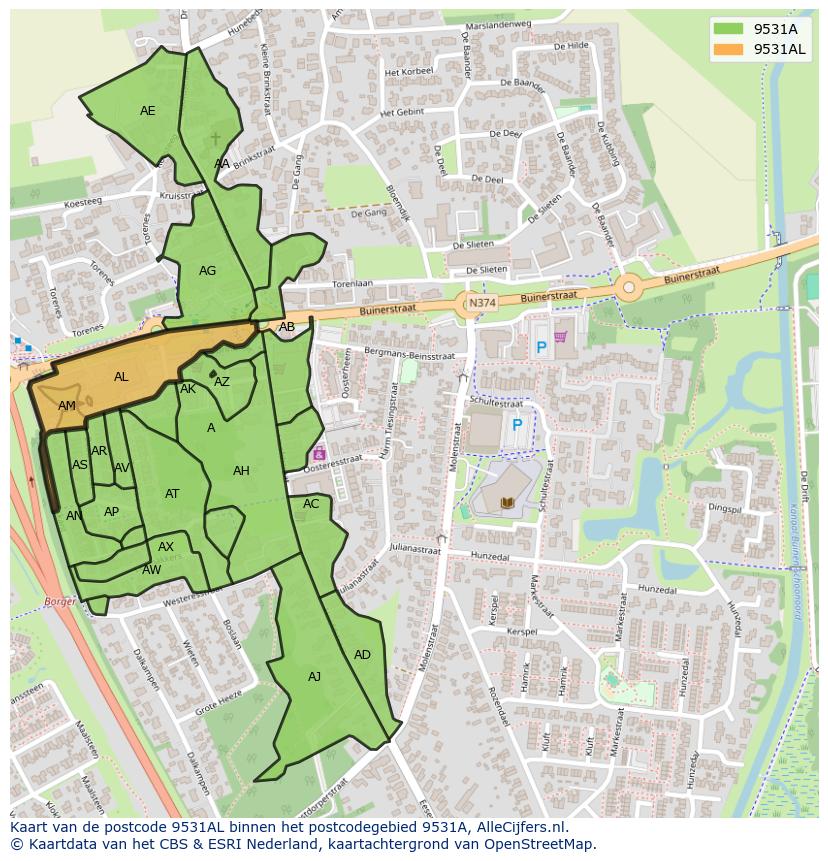 Afbeelding van het postcodegebied 9531 AL op de kaart.