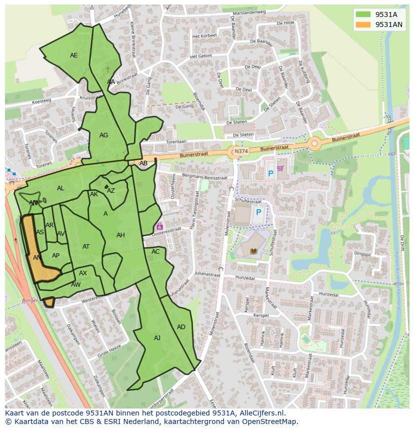 Afbeelding van het postcodegebied 9531 AN op de kaart.