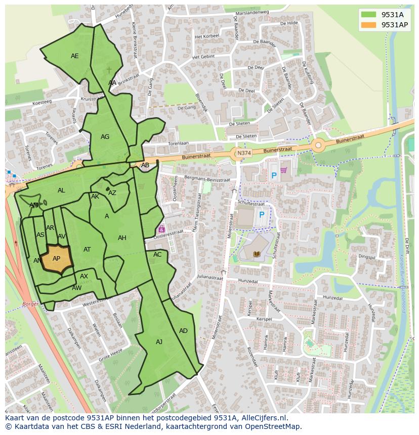 Afbeelding van het postcodegebied 9531 AP op de kaart.