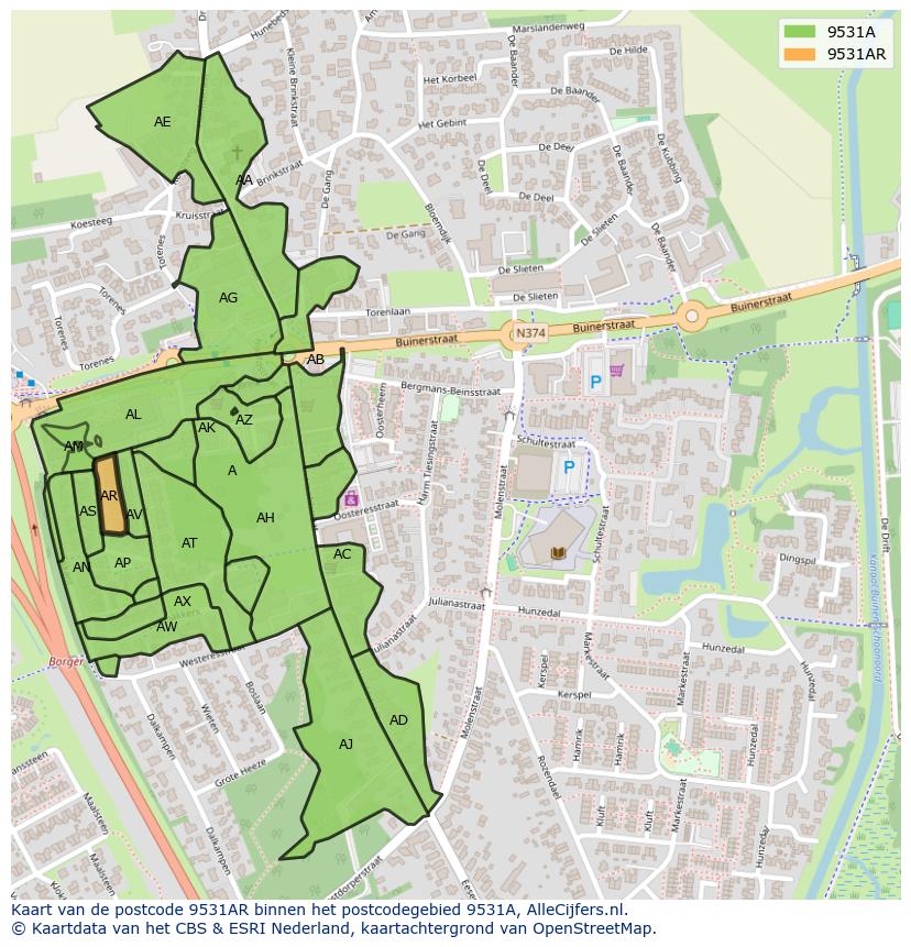 Afbeelding van het postcodegebied 9531 AR op de kaart.
