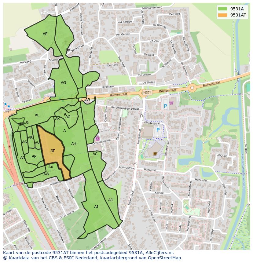 Afbeelding van het postcodegebied 9531 AT op de kaart.