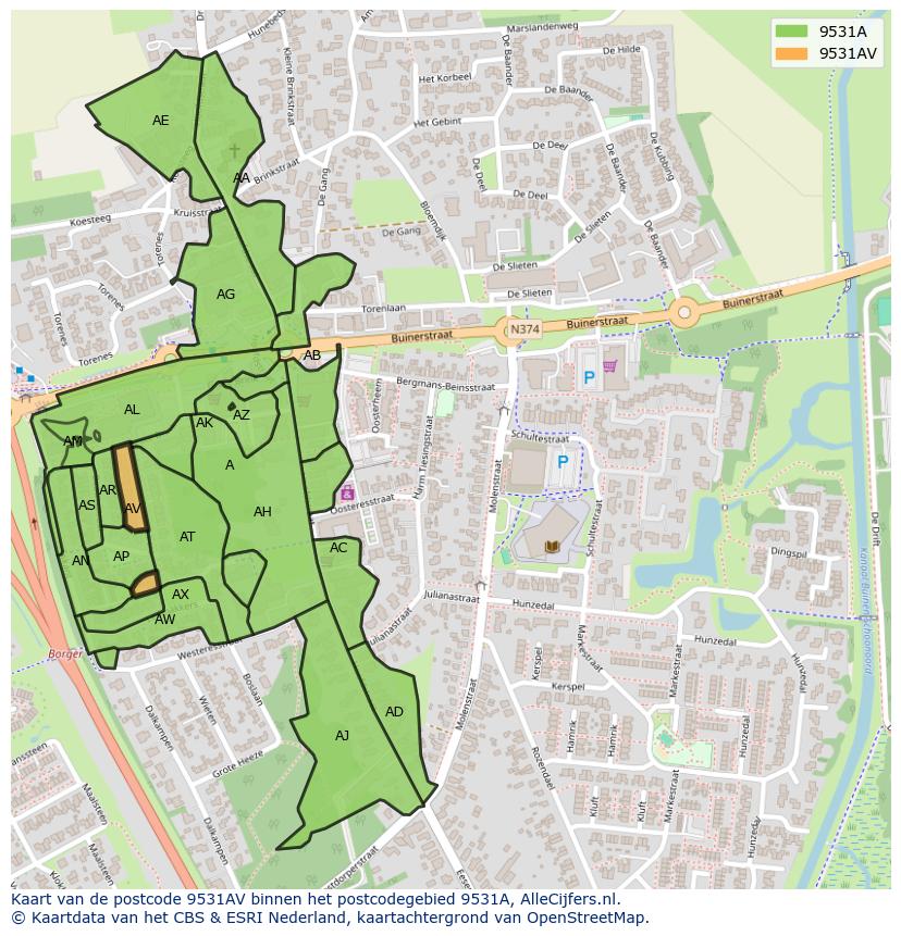 Afbeelding van het postcodegebied 9531 AV op de kaart.