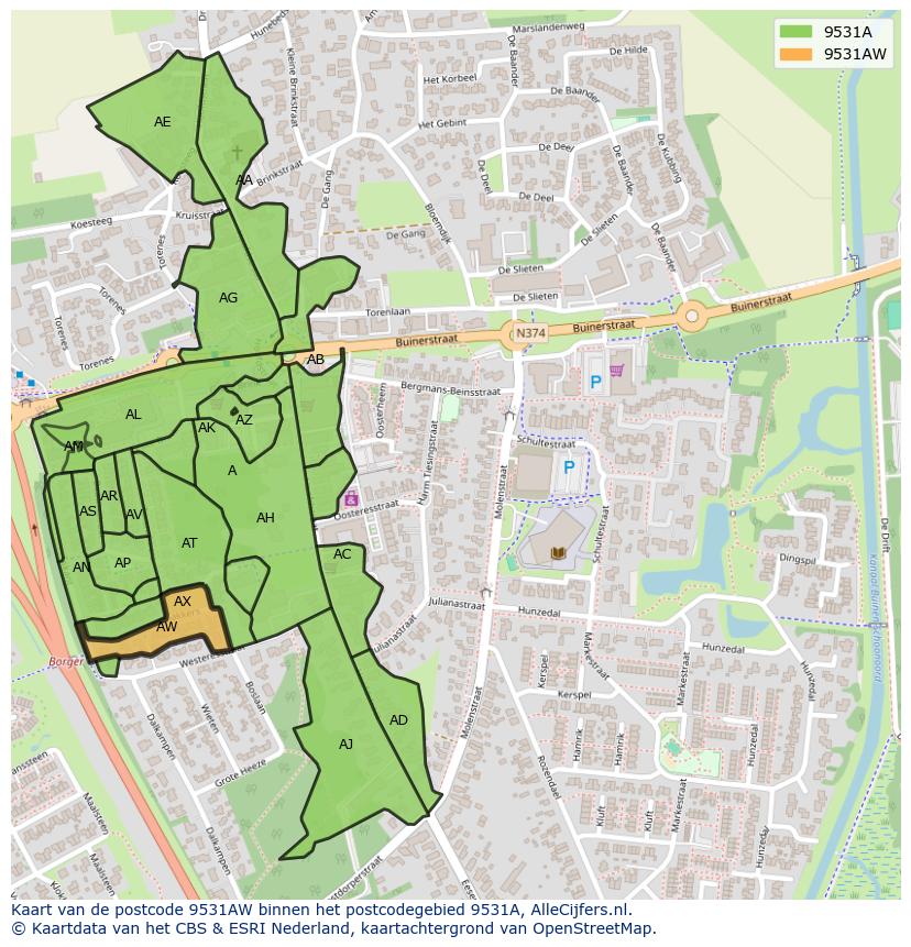 Afbeelding van het postcodegebied 9531 AW op de kaart.