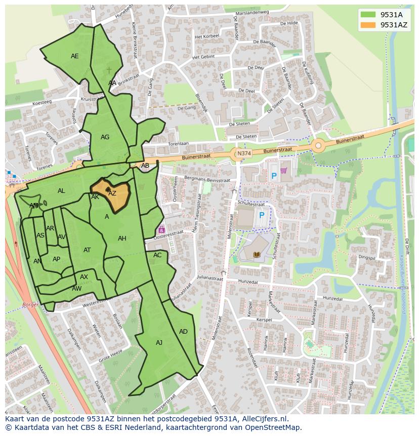 Afbeelding van het postcodegebied 9531 AZ op de kaart.