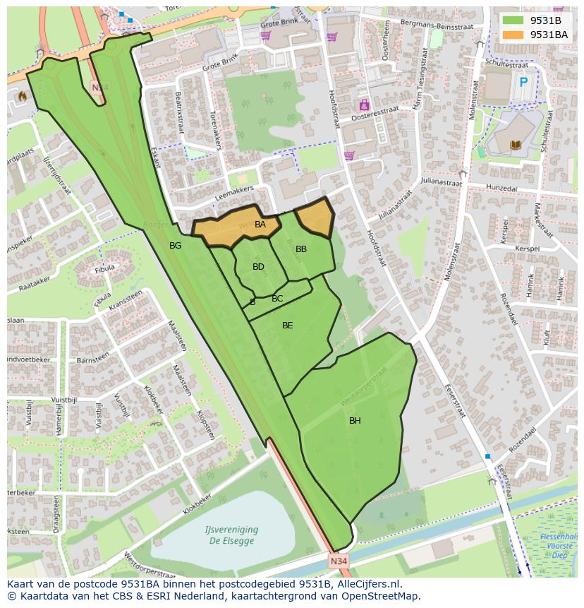 Afbeelding van het postcodegebied 9531 BA op de kaart.