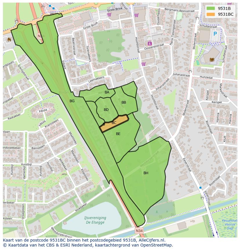 Afbeelding van het postcodegebied 9531 BC op de kaart.