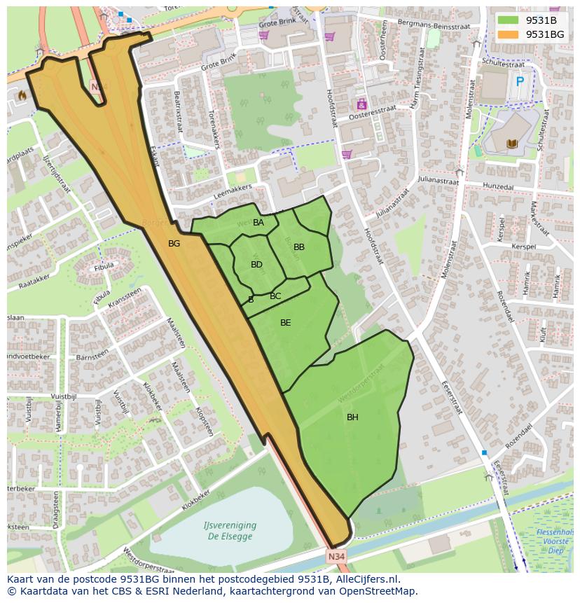 Afbeelding van het postcodegebied 9531 BG op de kaart.
