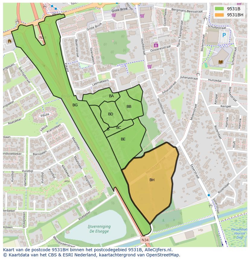Afbeelding van het postcodegebied 9531 BH op de kaart.