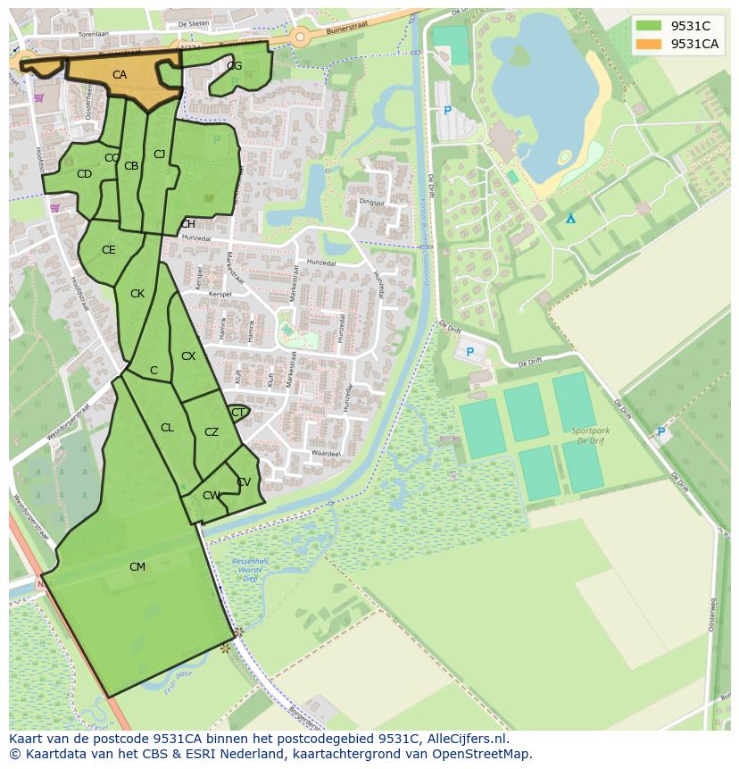 Afbeelding van het postcodegebied 9531 CA op de kaart.